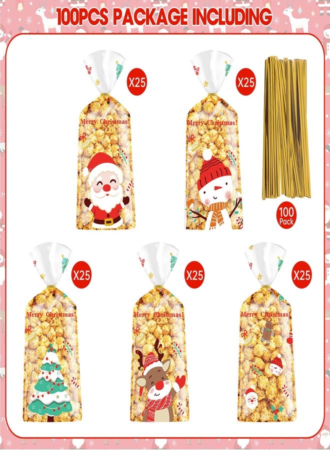 PADELO 100 Pcs Christmas Treat Bags - Merry Christmas Candy Bag, Plastic Xmas Cellophane Cello Goodie Goody Cookie Gift Snack Bags with Twist Ties for Goodies Present Wrap Xmas Party Favors Supplies - Image 4
